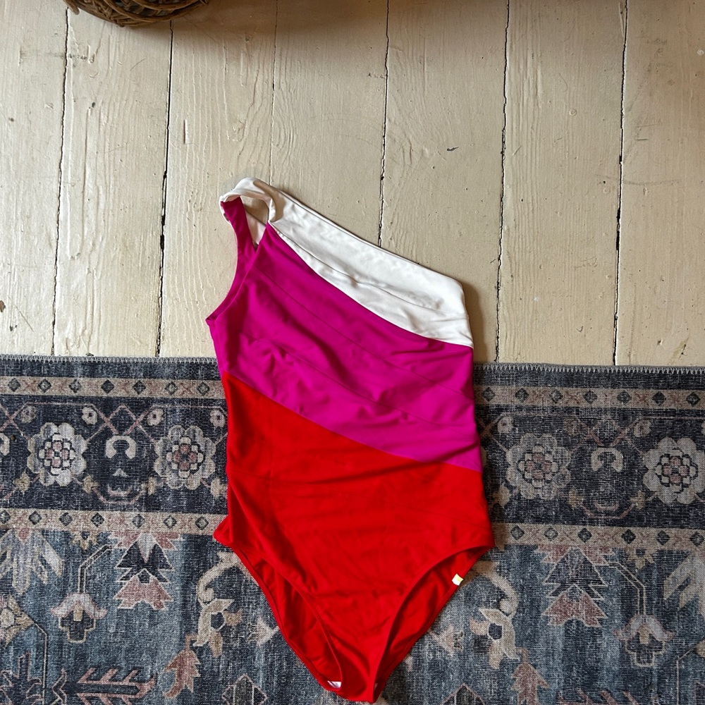 summersalt Colorblock One-Shoulder Swimsuit — White, Fuchsia & Red